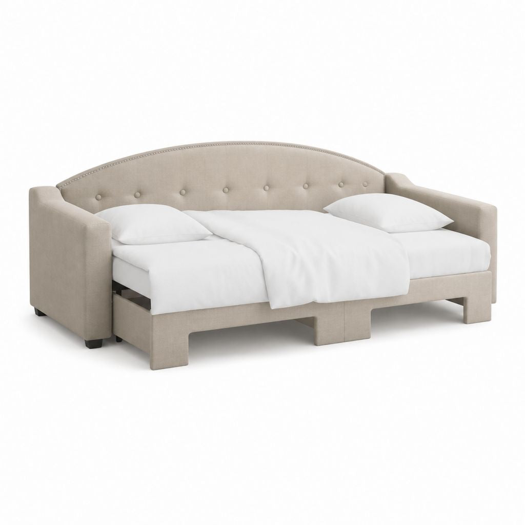 Ausziehbares Schlafsofa Beige mit Polyesterbezug gerade Form 220 x 100 x 86 cm Liegefläche 140 x 200 cm