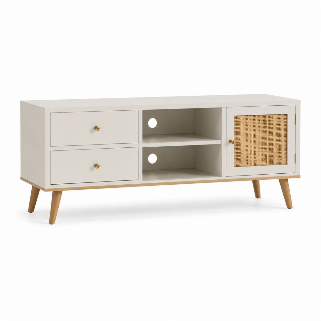 TV-Lowboard Weiß mit Rattanfront und Massivholzbeinen 120 x 40 x 60 cm
