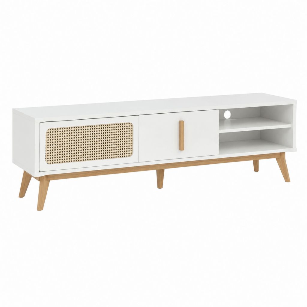 TV-Lowboard Weiß MDF mit Rattanfront rechteckig 140 x 40 x 55 cm