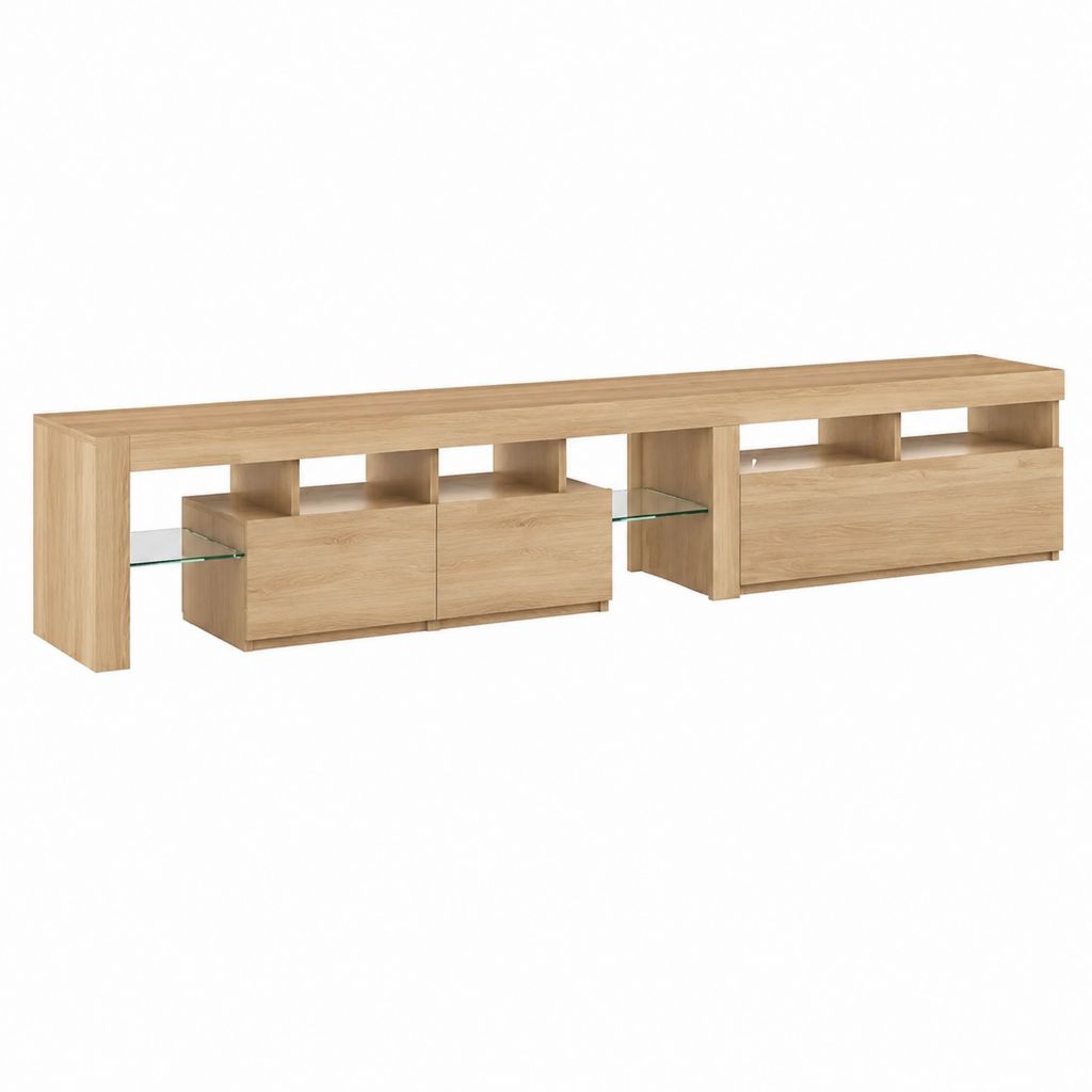TV Lowboard Eiche-Optik Spanplatte rechteckig mit 4 Klappen und Glasablagen 300 x 40 x 60 cm
