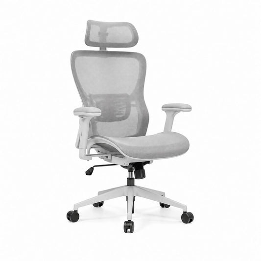 Ergonomischer Bürostuhl Grau Weiß mit Polyester-Netzbezug Kopfstütze und Rollen 64 x 64 x 116-126 cm