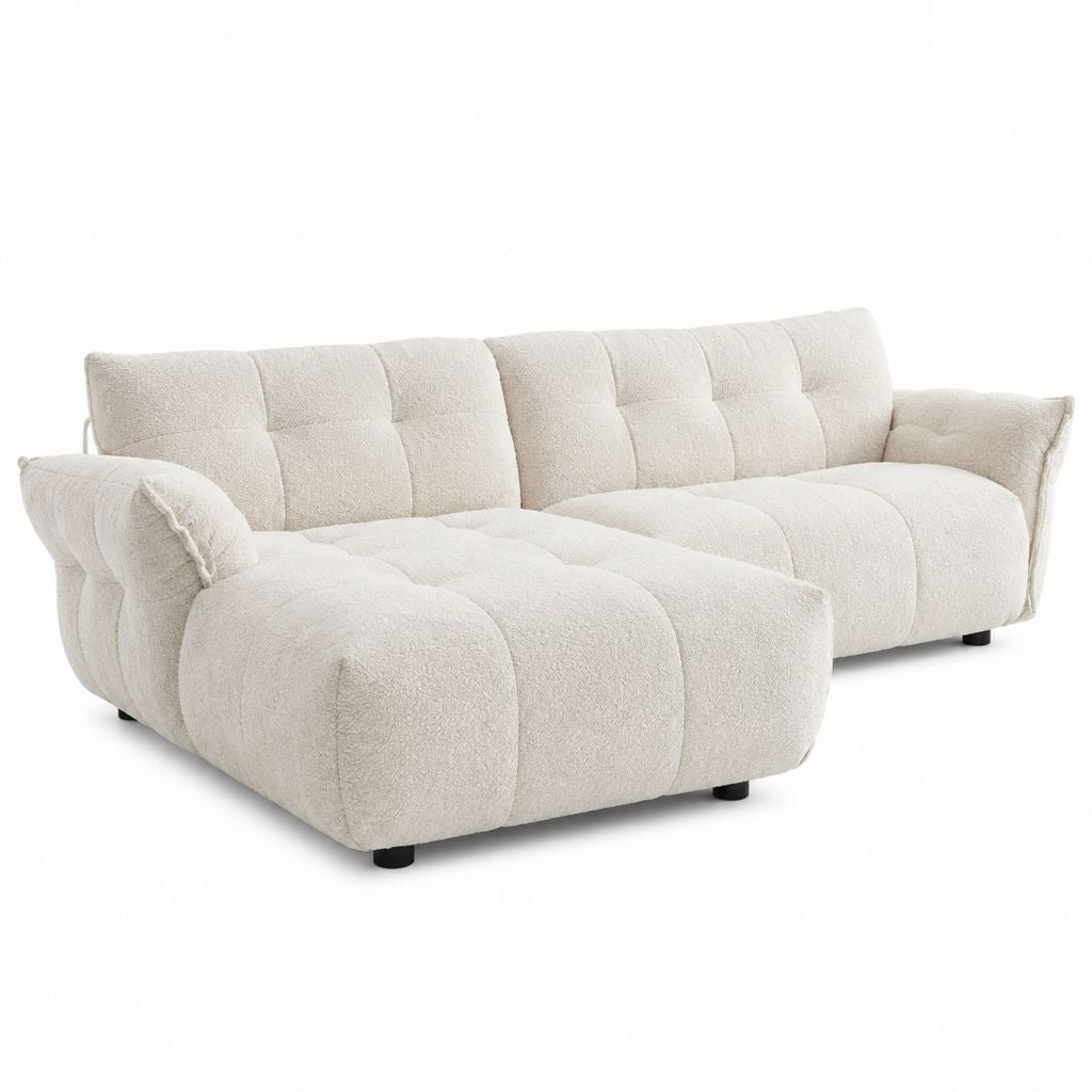 Ecksofa mit Recamiere Creme 100 Prozent Polyester L-Form 300 x 170 x 85 cm